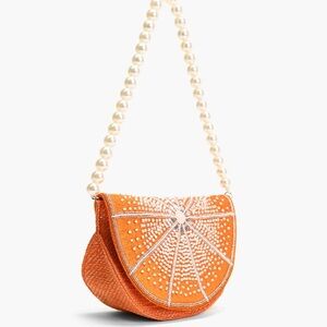 NWT Orange Citrus Beaded Crescent Shoulder Bag Moon Sunburst Design Embellished